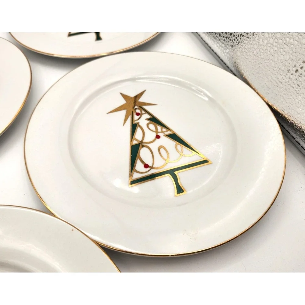 Pier 1 Imports Dessert Plates Christmas Tree Set 6 Red Green Gold Discontinued